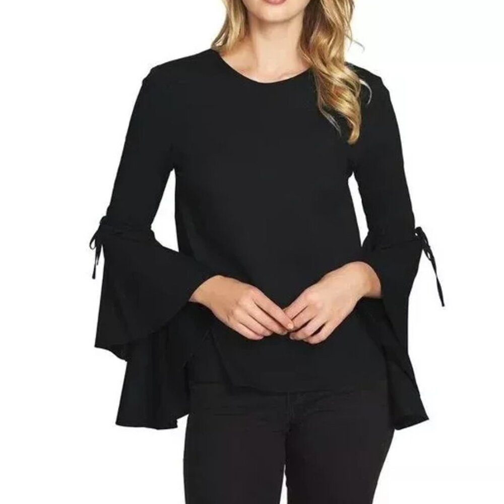 NWT 1.STATE Womens Cascade Sleeve Black Knit Blouse Size Medium